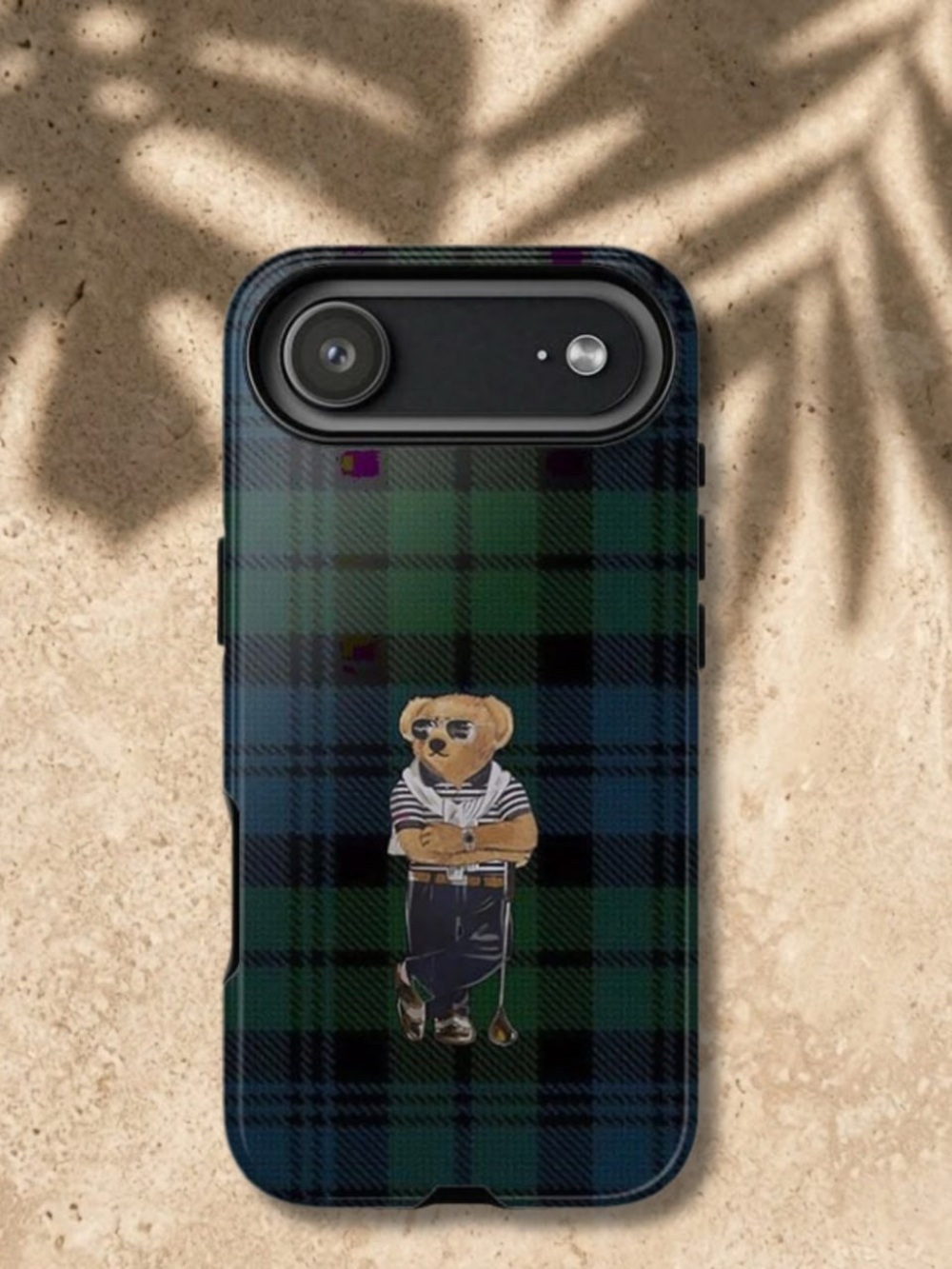 Green & Black Plaid Phone Case with Bear Graphic